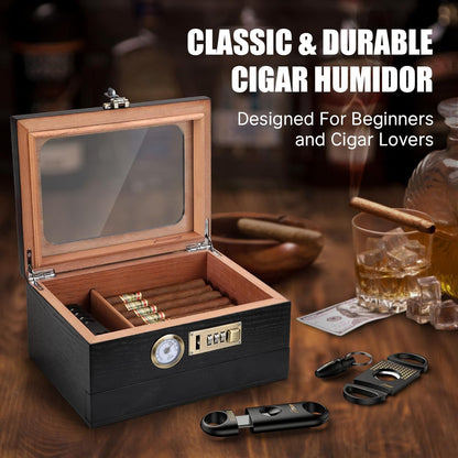 Humidor comes with hygrometer, accessories drawer and combination lock