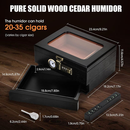 Humidor comes with hygrometer, accessories drawer and combination lock