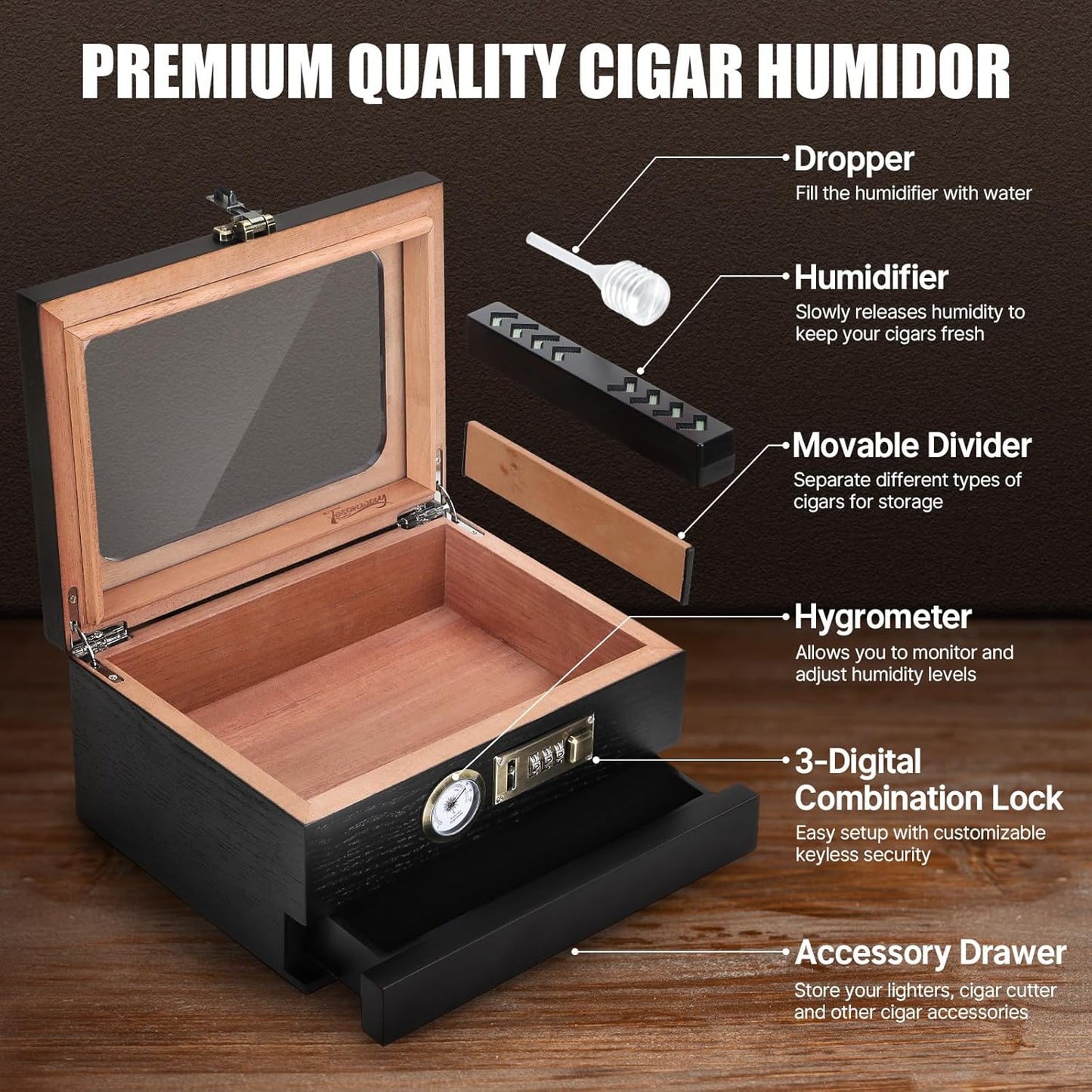 Humidor comes with hygrometer, accessories drawer and combination lock