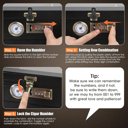 Humidor comes with hygrometer, accessories drawer and combination lock