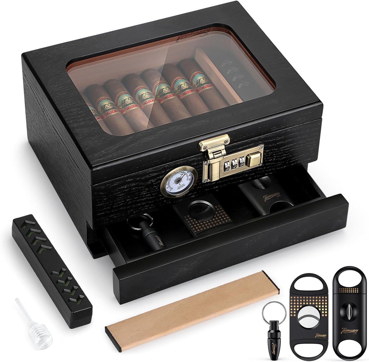 Humidor comes with hygrometer, accessories drawer and combination lock