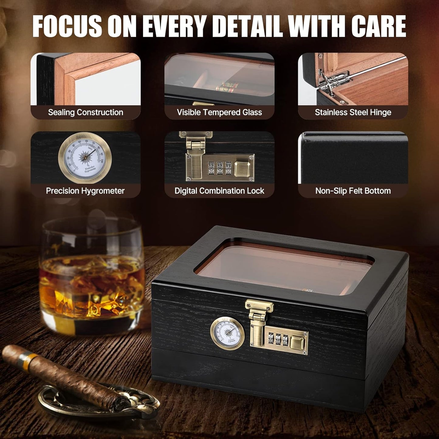 Humidor comes with hygrometer, accessories drawer and combination lock